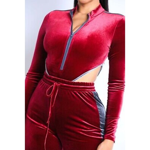 Tops - Women's Sexy Cute Velvet Bodysuit and Matching Jogger Pants 2 Piece Set S M L